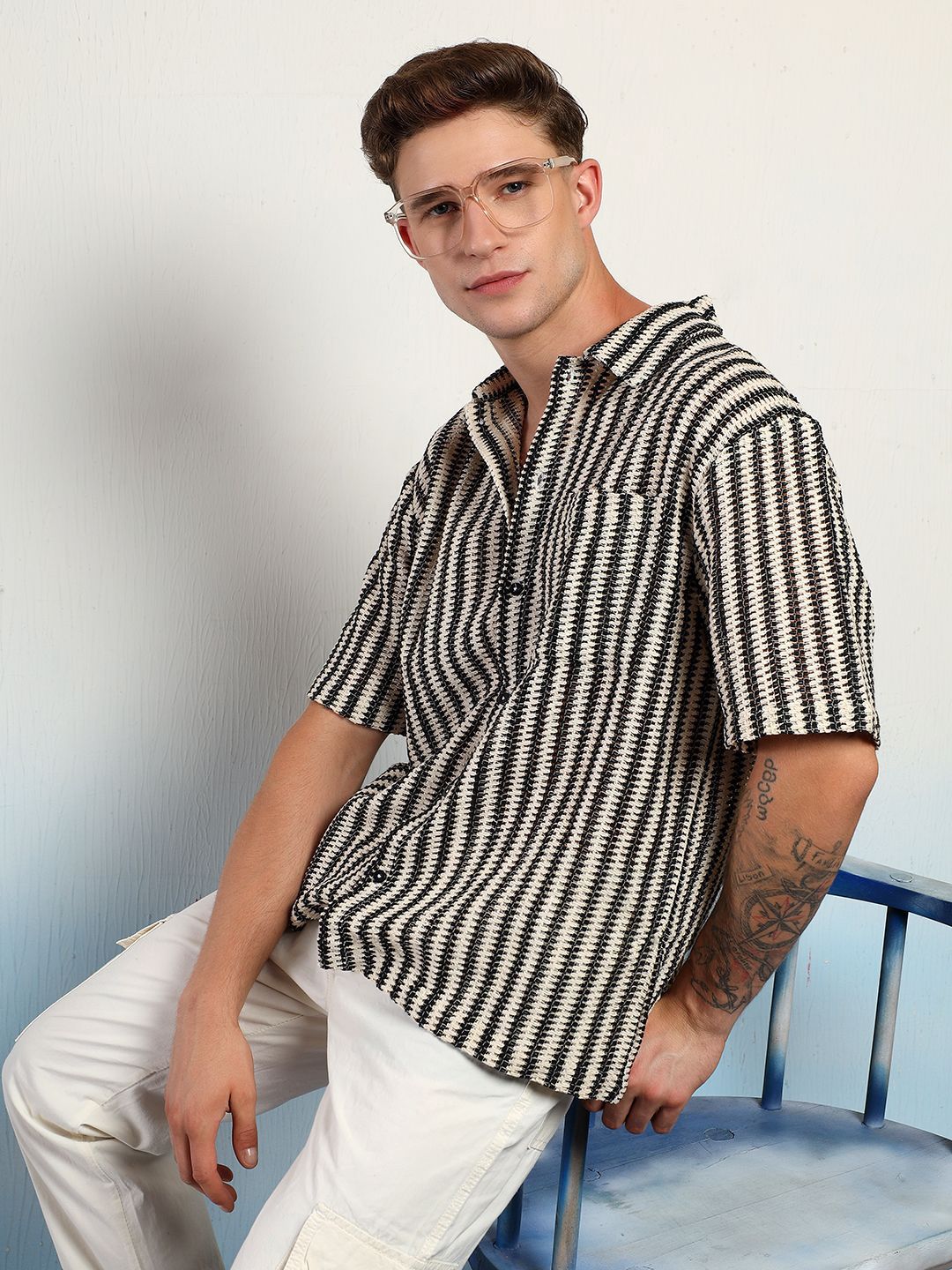 Kotty Men Sheer Striped Casual Shirt