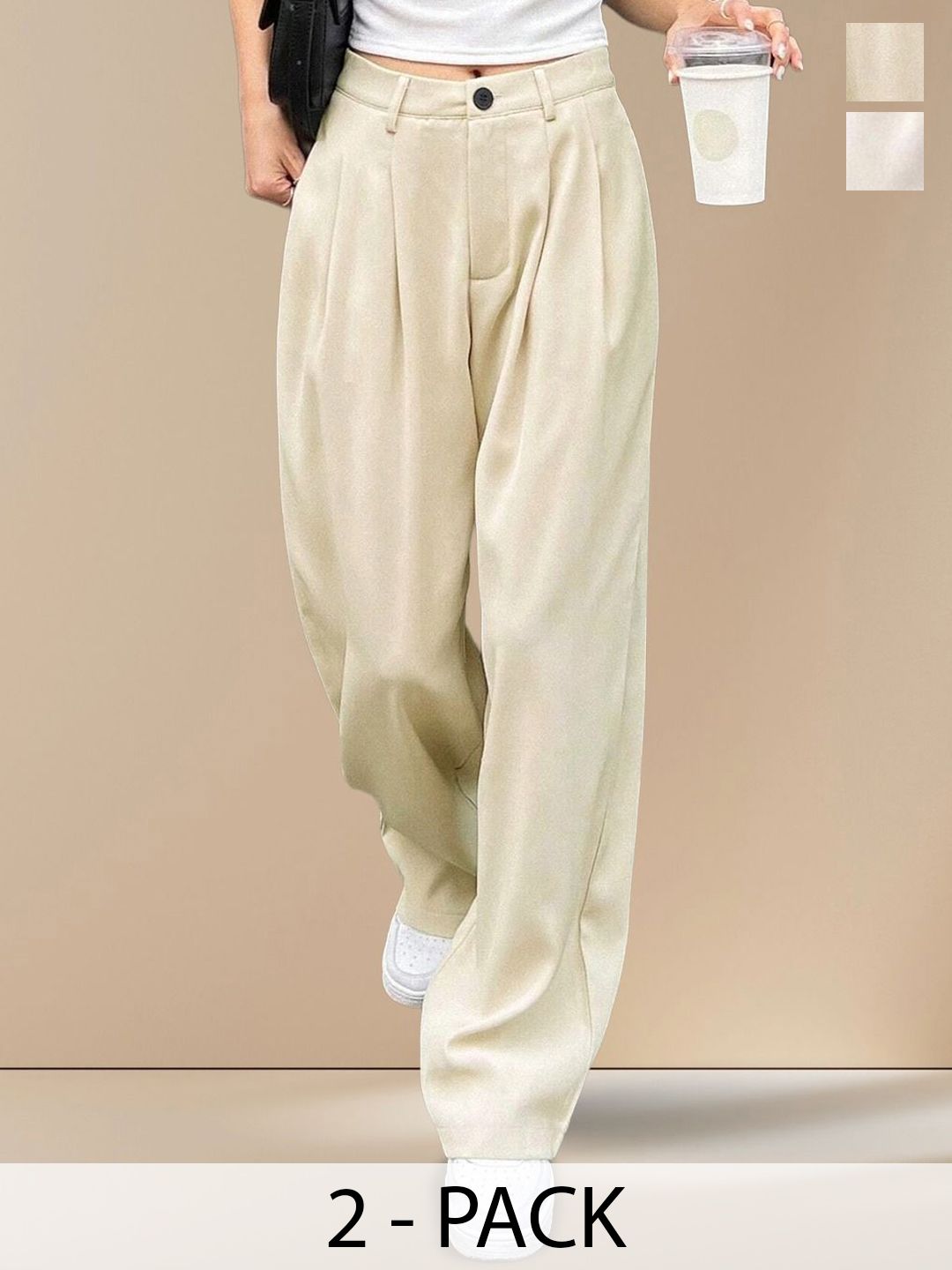 Kotty Women Textured Straight Fit High-Rise Pleated Trousers