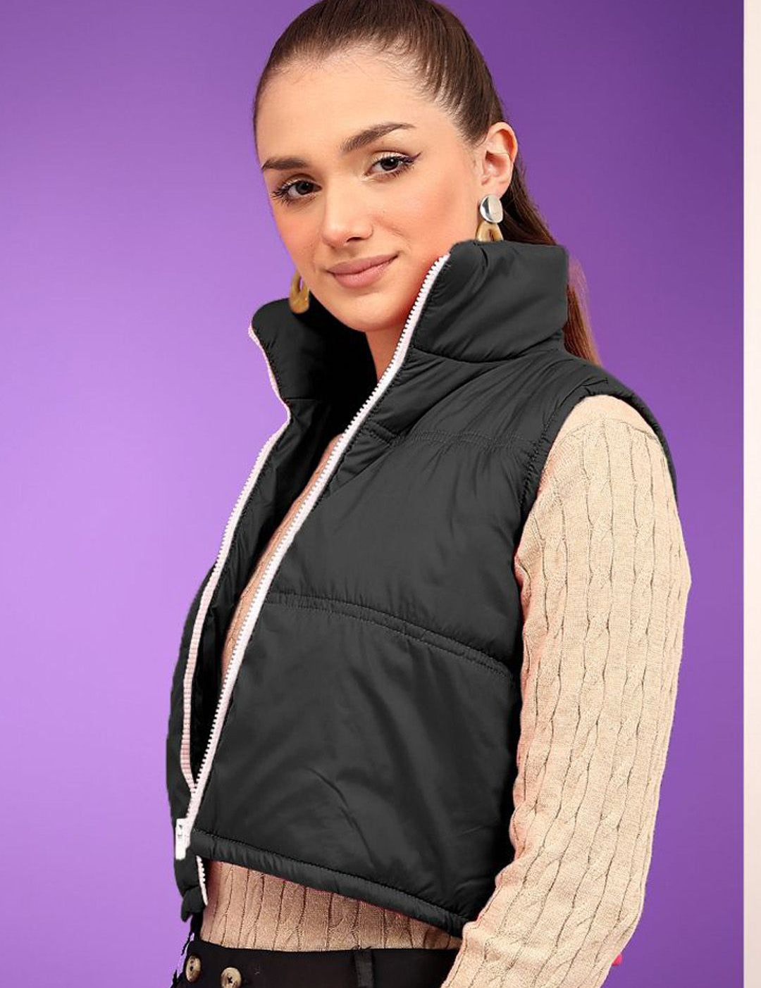 Kotty Women Mock Collar Solid Cotton Insulator Crop Gilet Jacket