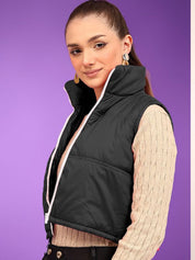Kotty Women Mock Collar Solid Cotton Insulator Crop Gilet Jacket
