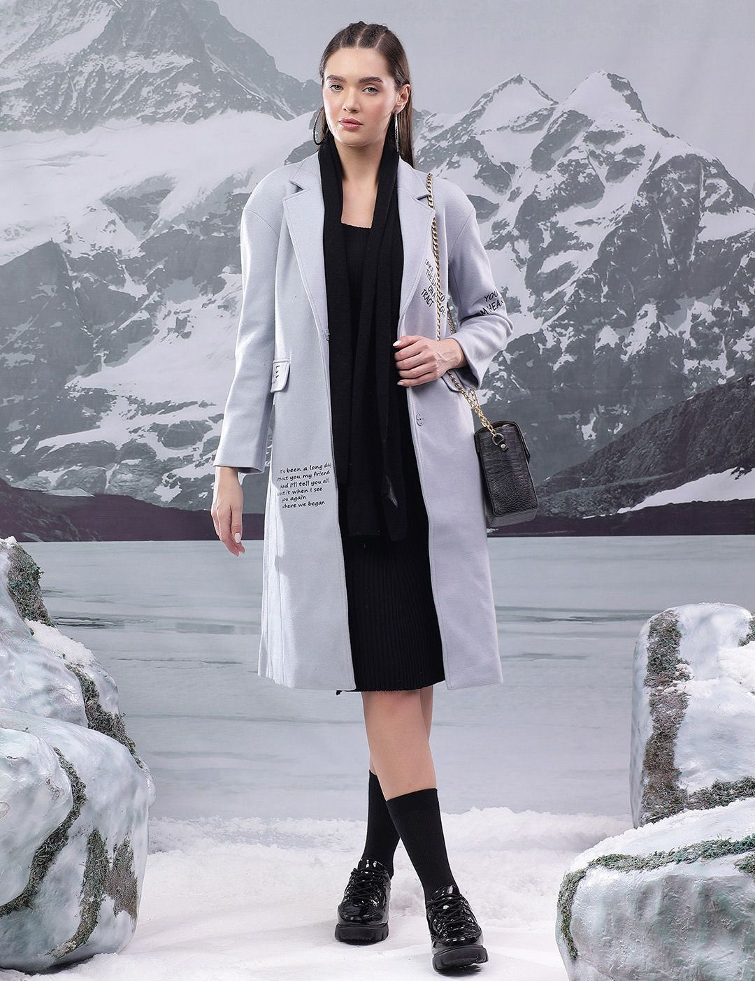 Kotty Printed Notched Lapel Single-Breasted Overcoat