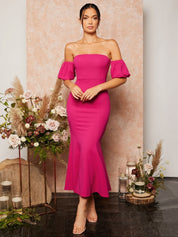 Kotty Women Off-Shoulder Puff Sleeve Bodycon Midi Dress