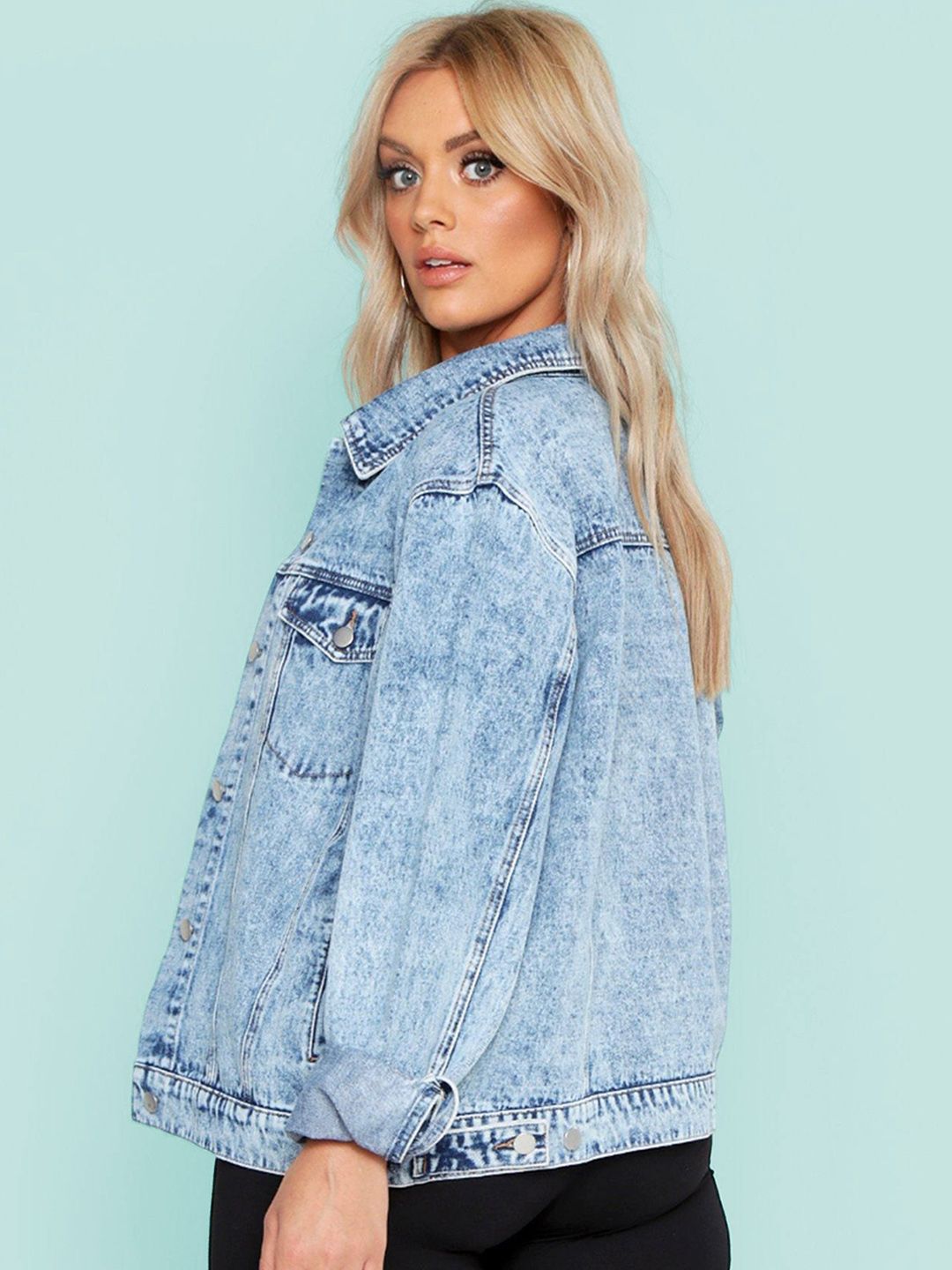 Kotty Women Spread Collar Washed Self Design Cotton Casual Denim Jacket