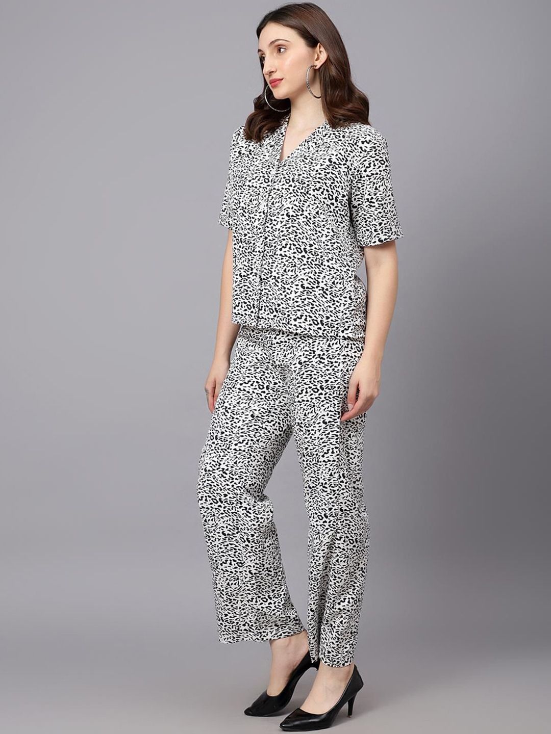 Kotty White & Black Animal Printed Shirt With Trouser