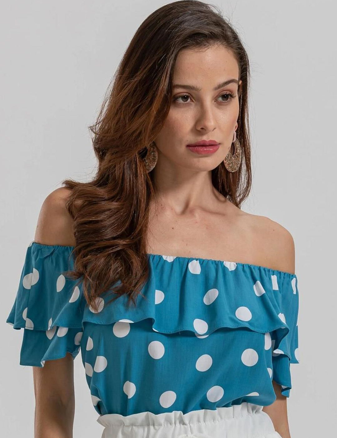Kotty Polka Dot Printed Off-Shoulder Puff Sleeve Bardot Crop Top