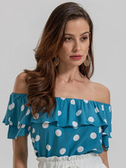 Kotty Polka Dot Printed Off-Shoulder Puff Sleeve Bardot Crop Top