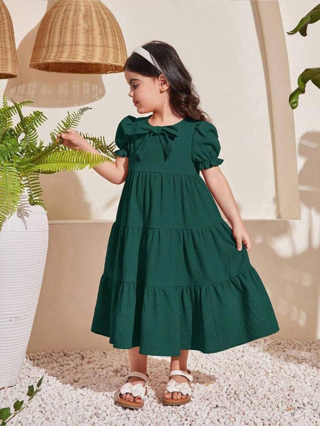 Kotty Girl's Self Design Puff Sleeves Bow Details Tiered Gown Dress