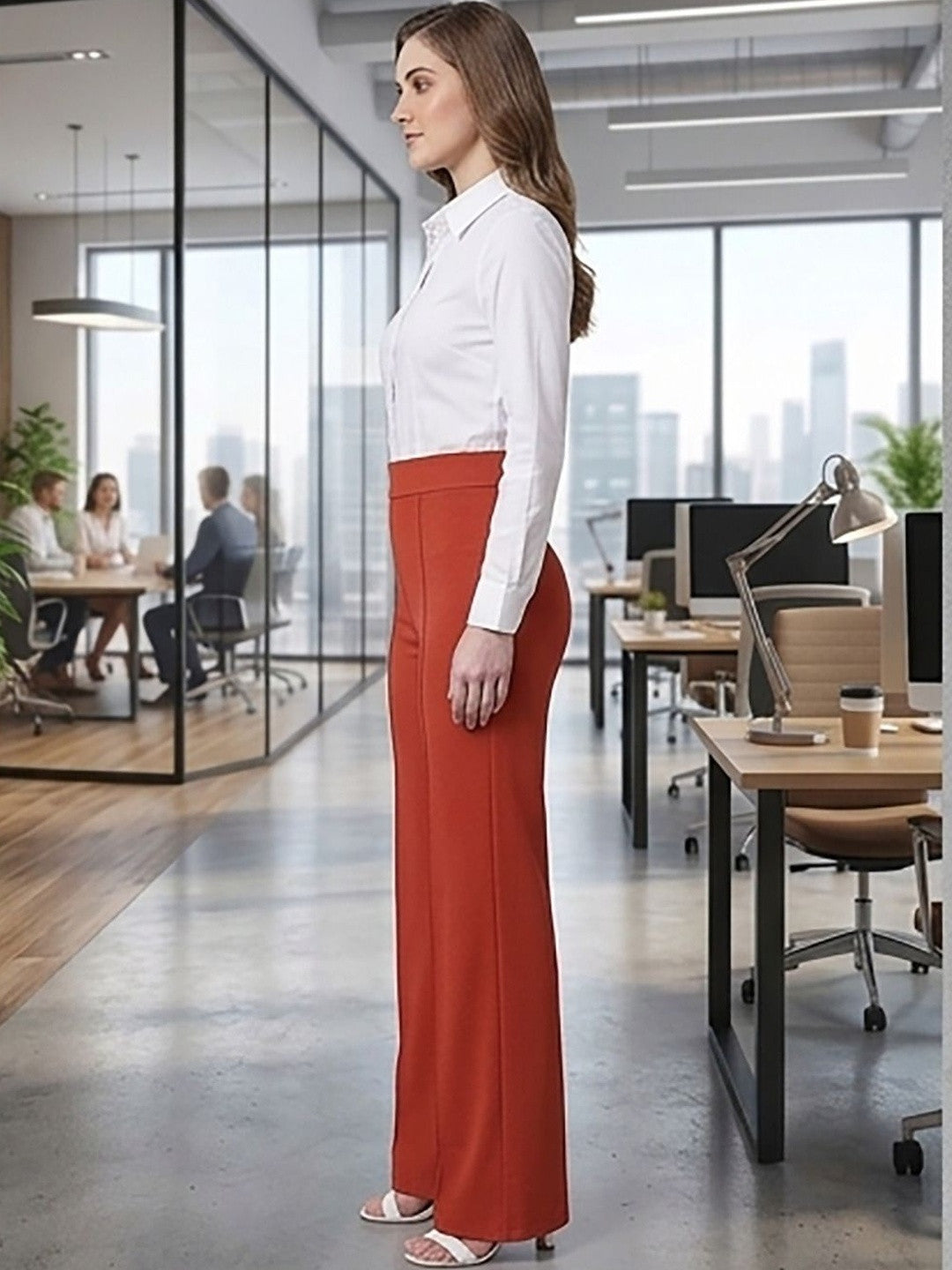 Orange Straight Fit High-Rise Trousers for Women | Kotty