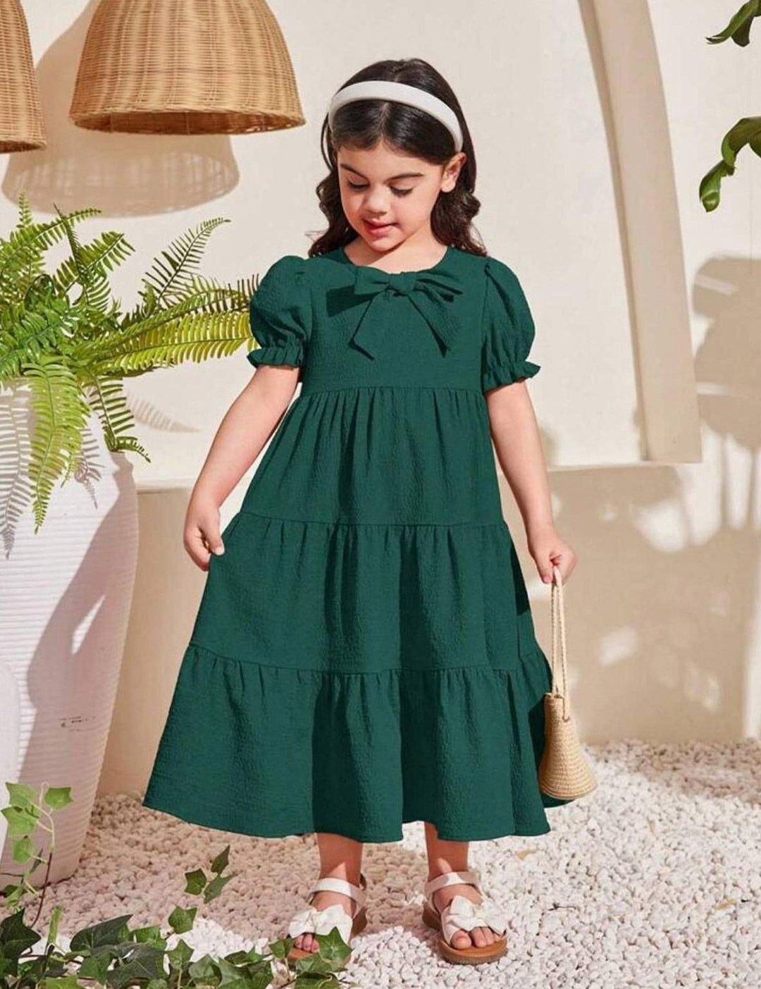 Kotty Girl's Self Design Puff Sleeves Bow Details Tiered Gown Dress