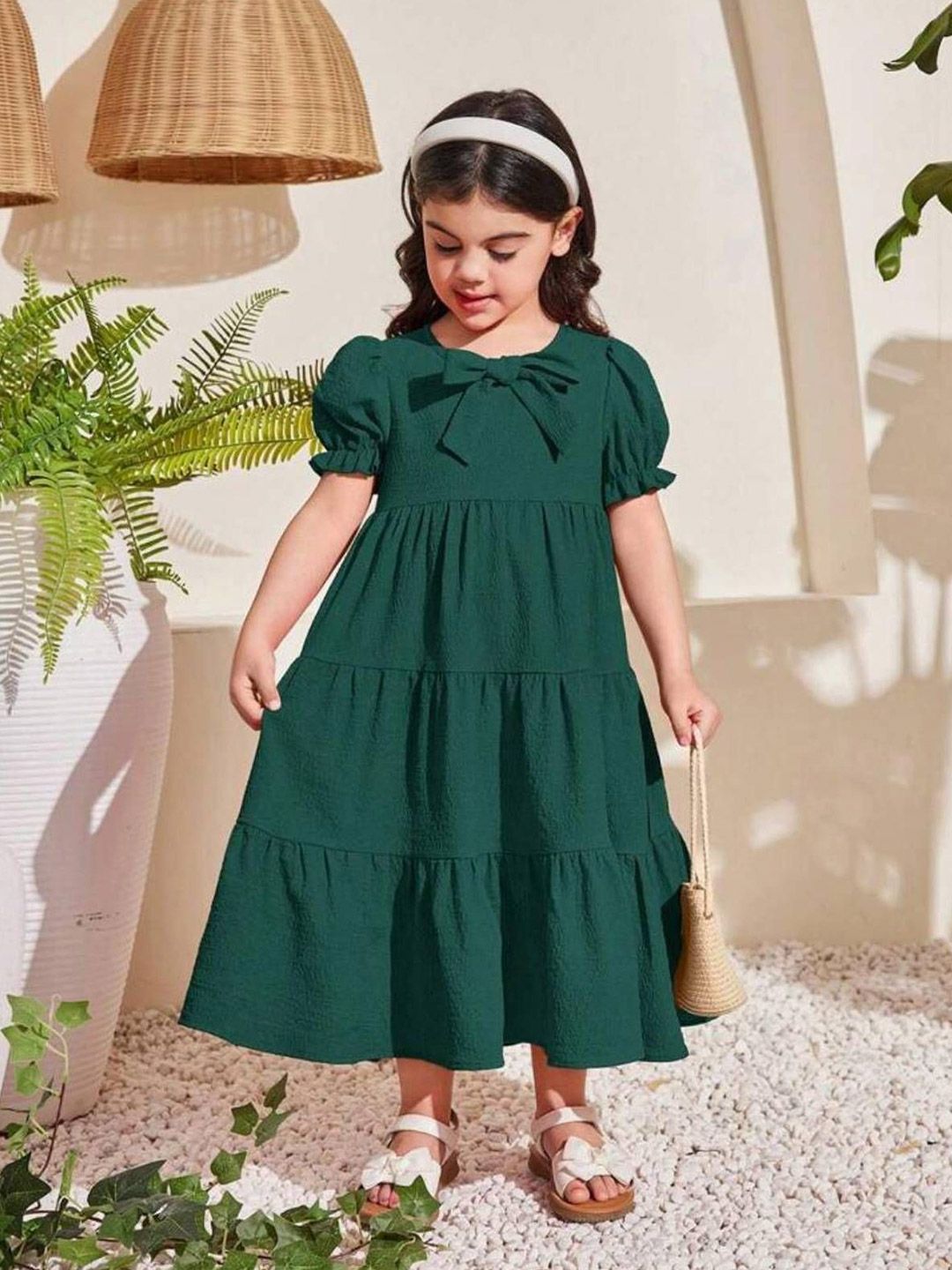 Kotty Girl's Self Design Puff Sleeves Bow Details Tiered Gown Dress