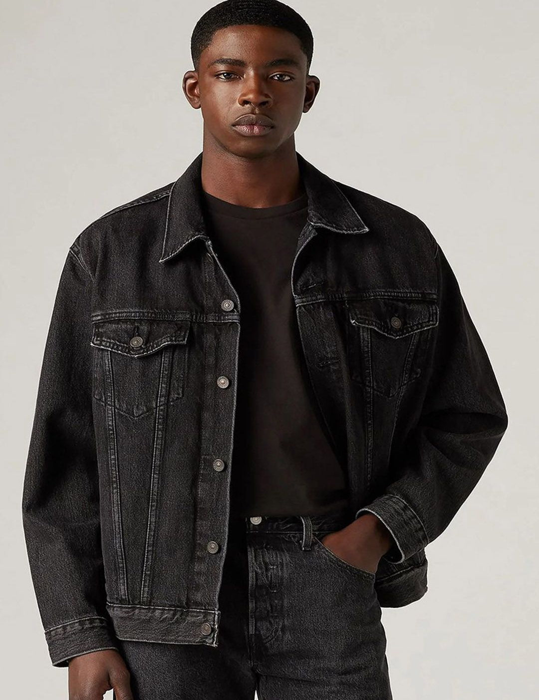 Kotty Men Spread Collar Solid Denim Jacket