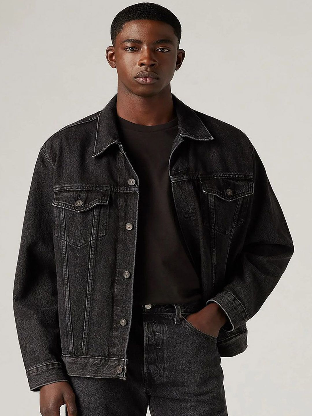 Kotty Men Spread Collar Solid Denim Jacket