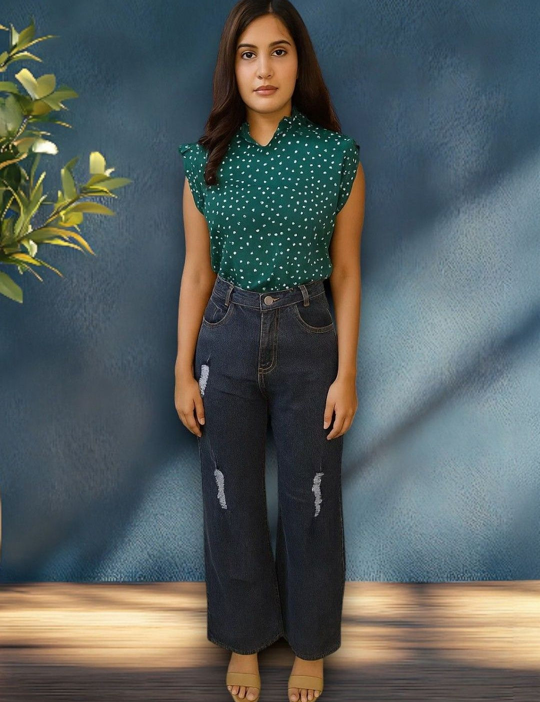 Kotty Women Wide-Leg High-Rise Mildly Distressed Stretchable Jeans