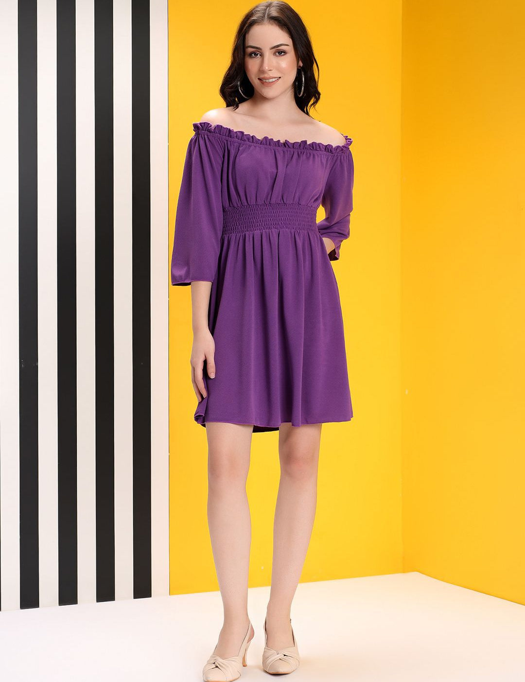 Kotty Women Off-Shoulder Flared Sleeve Fit & Flare Dress