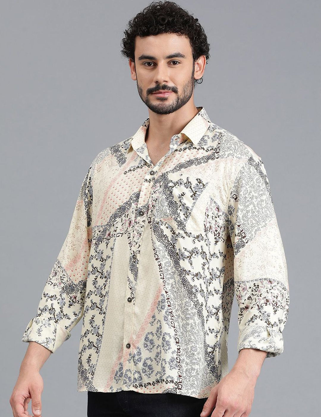 Kotty Men Spread Collar Floral Printed Cotton Casual Shirt