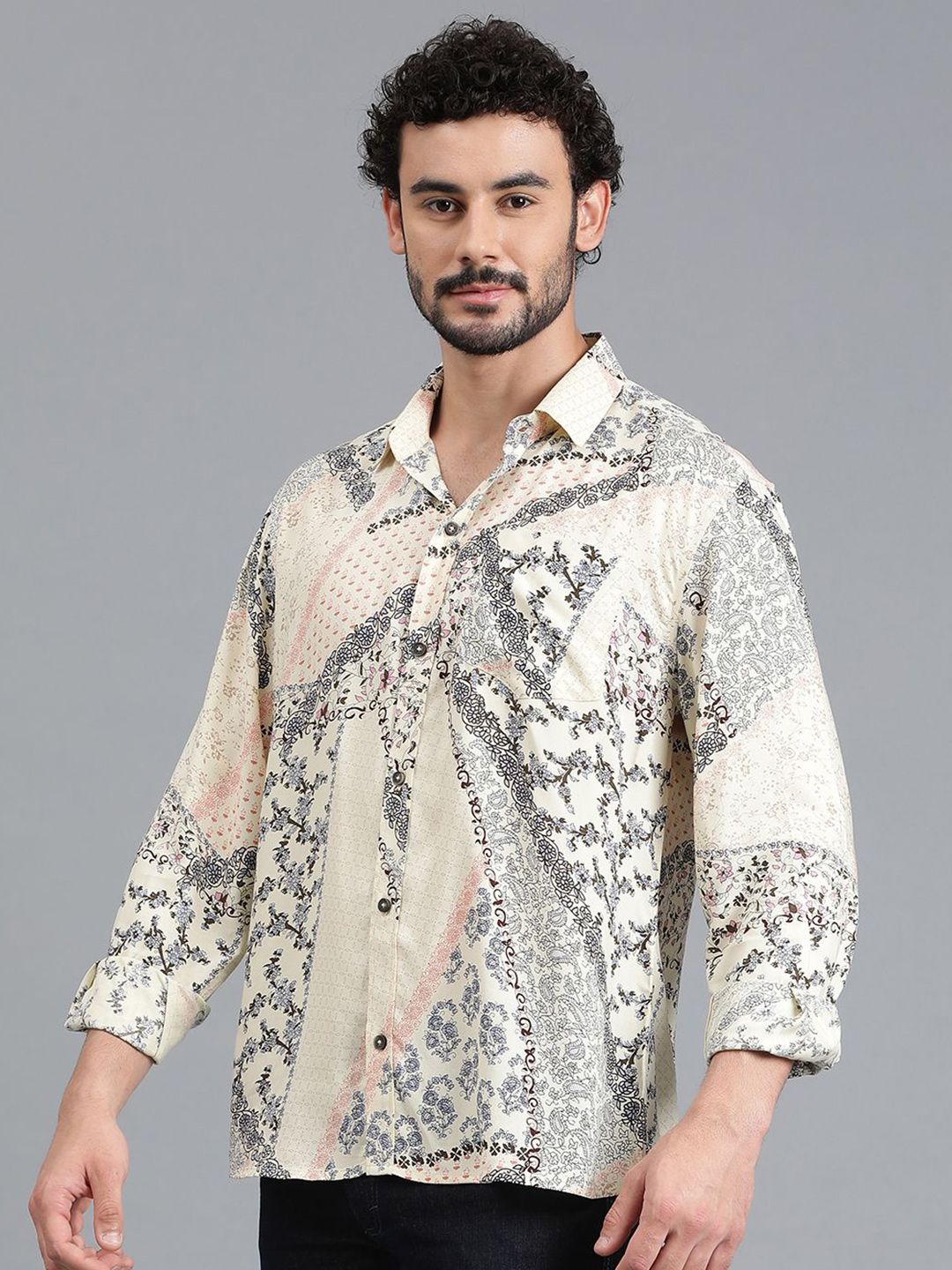 Kotty Men Spread Collar Floral Printed Cotton Casual Shirt
