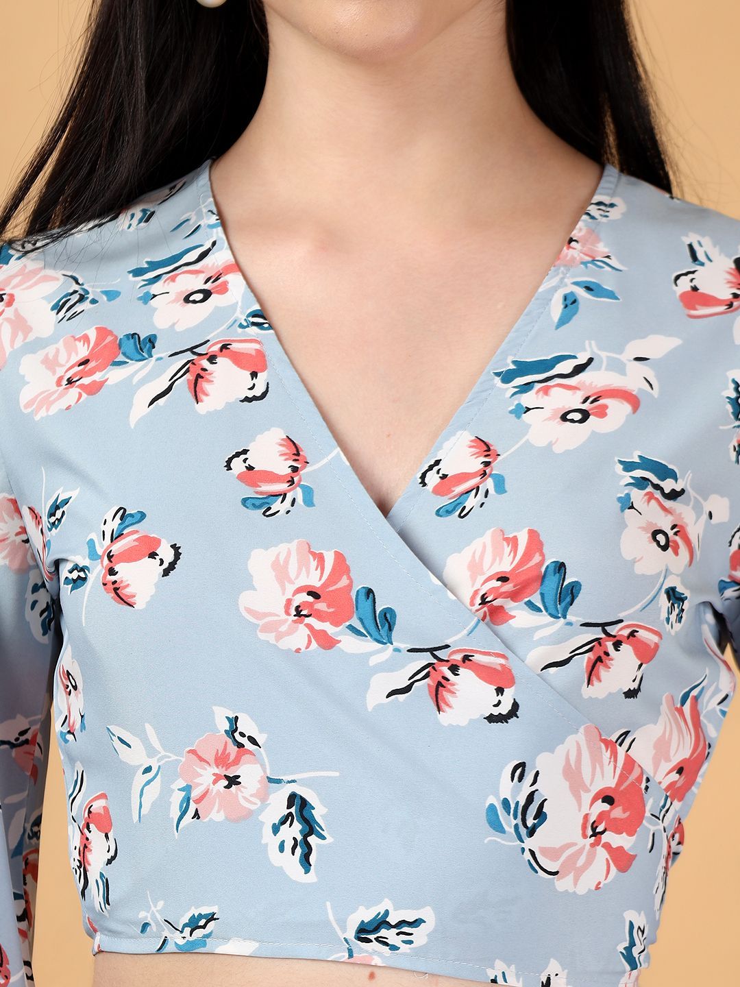 Kotty Floral Print Bell Sleeve Crepe Wrap Crop Top