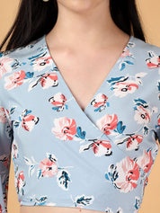 Kotty Floral Print Bell Sleeve Crepe Wrap Crop Top