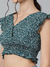 Kotty Floral Print Flutter Sleeve Crepe Crop Top