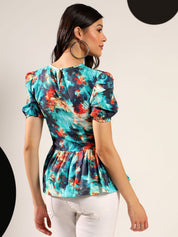 Kotty Women Abstract Printed Round Neck Puff Sleeve Peplum Top