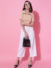 Kotty Women Solid Shirt Collar Cotton Top