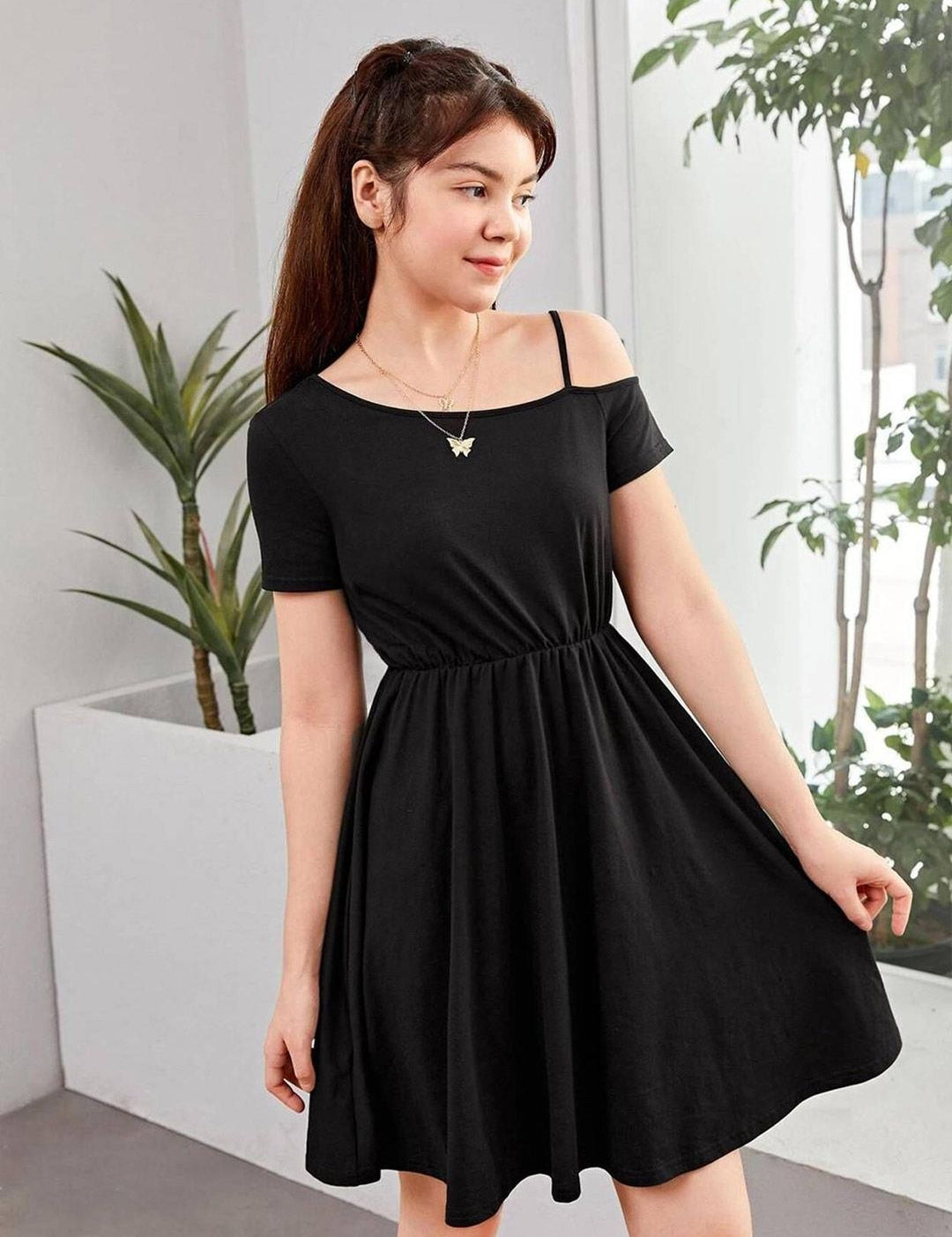 Kotty Girls One Shoulder Cold-Shoulder Fit & Flare Dress