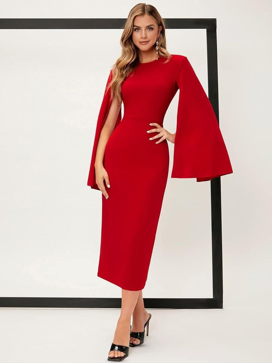 Kotty Women Slit Sleeves Bodycon Midi Dress
