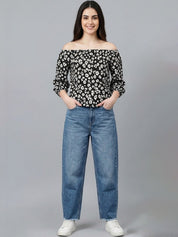 Kotty Top Jet Black Women's Off-Shoulder Three-Quarter-Sleeve Fashion