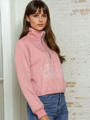 Kotty Women Typography Printed High Neck Zip Full Sleeve Pullover Sweatshirt