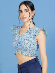 Kotty Floral Print Flutter Sleeve Crepe Wrap Crop Top