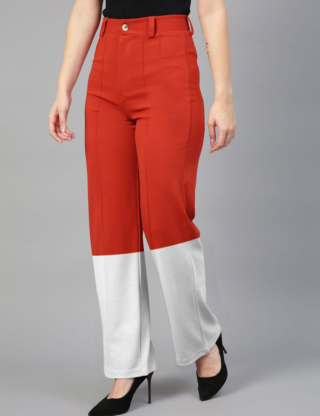 Kotty Women Colourblocked High-Rise Straight Fit Easy Wash Regular Trousers