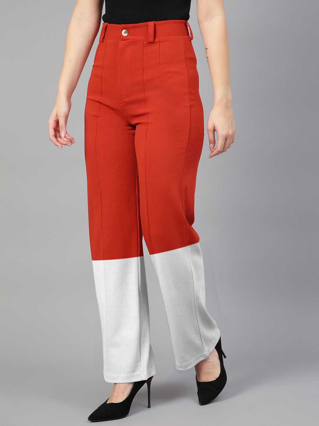 Kotty Women Colourblocked High-Rise Straight Fit Easy Wash Regular Trousers