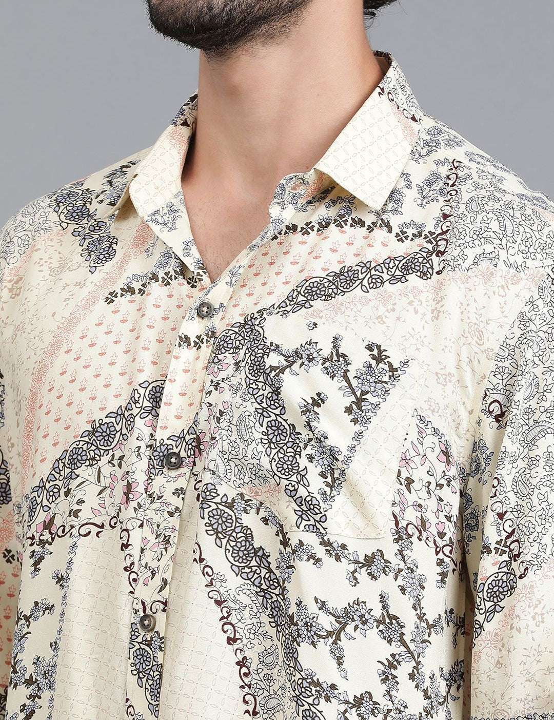 Kotty Men Spread Collar Floral Printed Cotton Casual Shirt