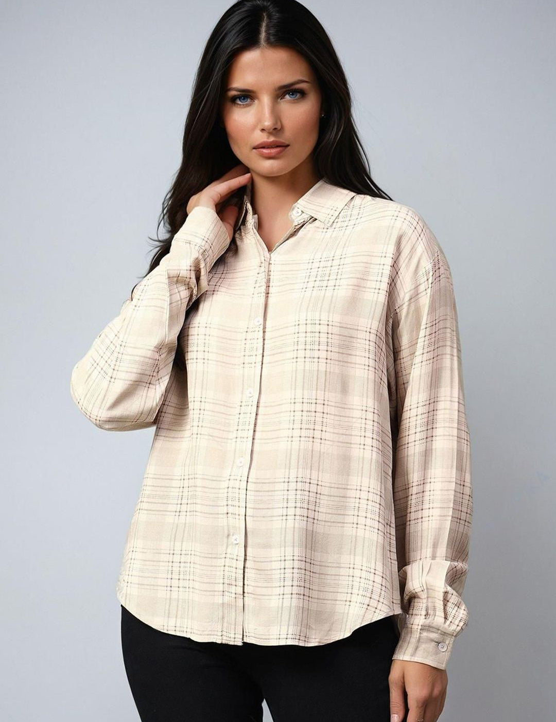 Kotty Women Spread Collar Tartan Checked Cotton Casual Shirt