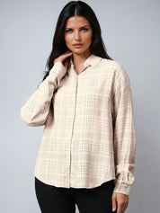 Kotty Women Spread Collar Tartan Checked Cotton Casual Shirt