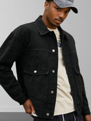 Kotty Men Spread Collar Solid Denim Jacket