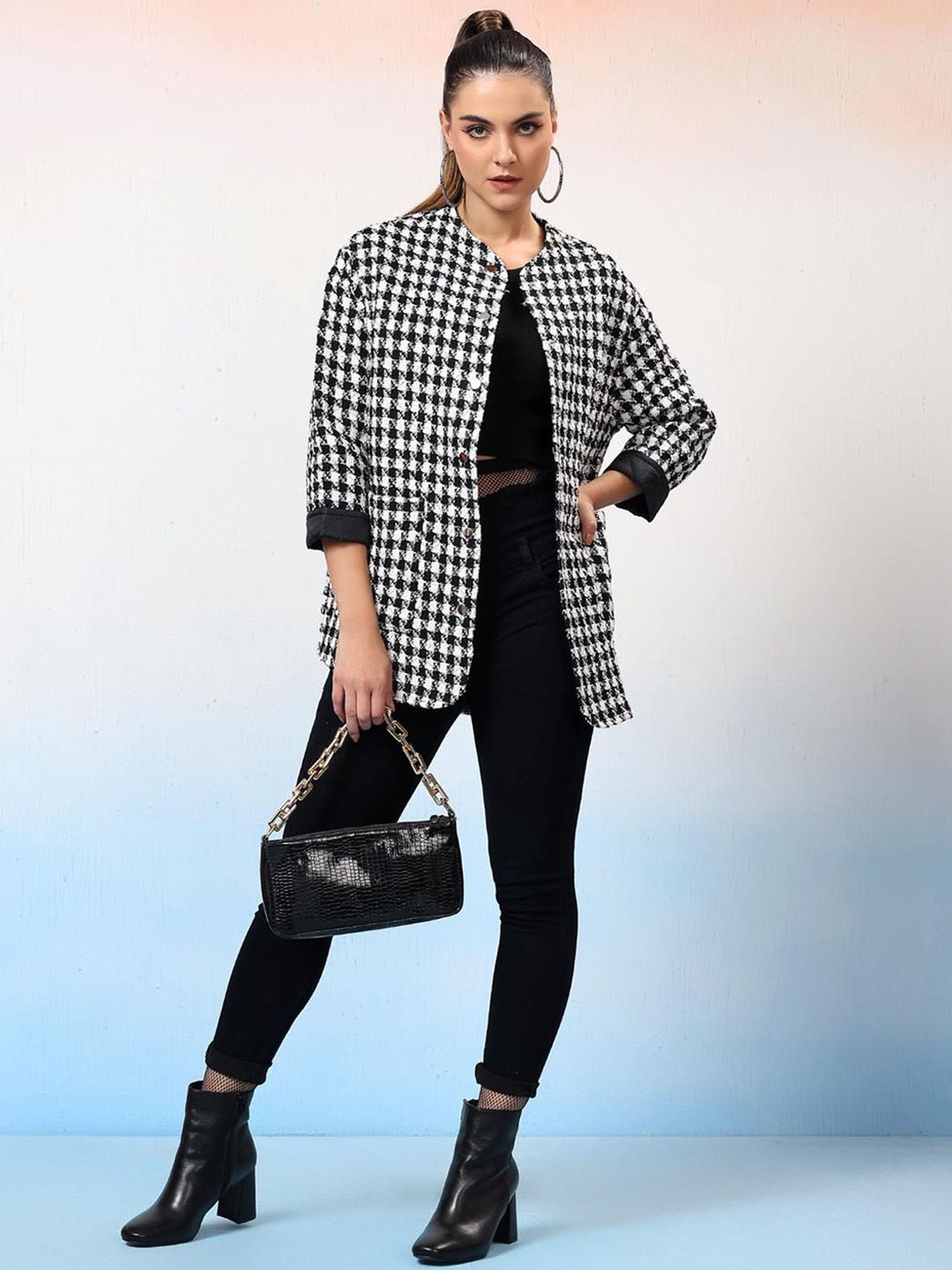 Kotty Women Checked Mandarin Collar Single-Breasted Overcoat