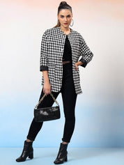 Kotty Women Checked Mandarin Collar Single-Breasted Overcoat