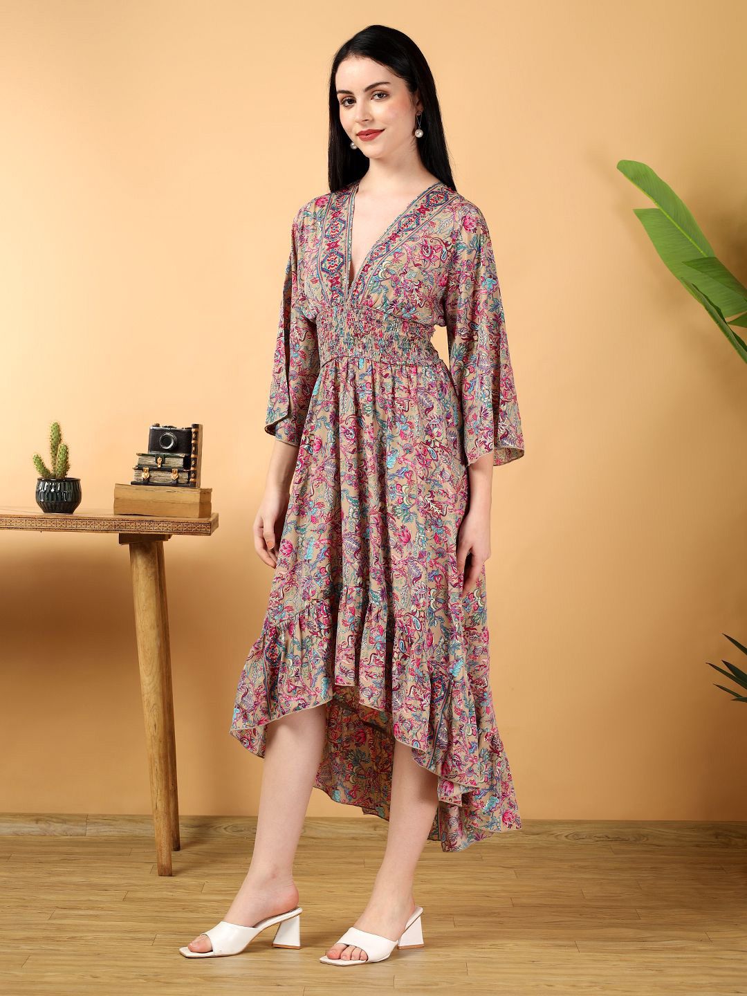 Kotty Printed V-Neck High-Low Hem Empire Midi Dress