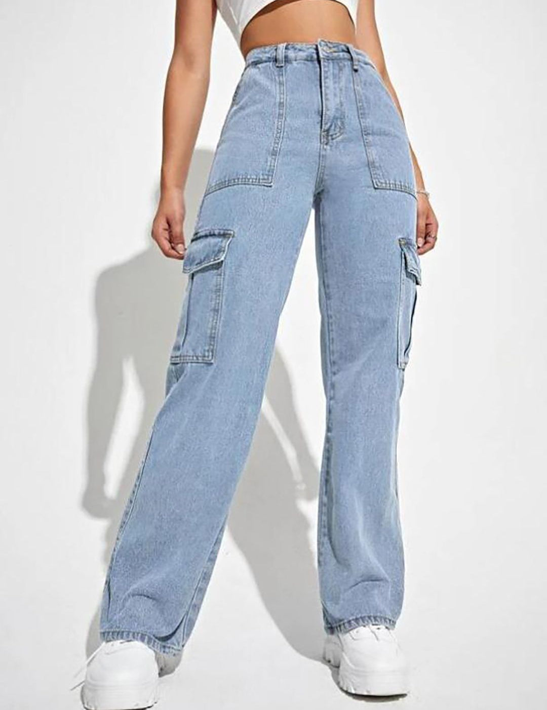 Kotty Women Straight Fit High-Rise Stretchable Cotton Cargo Jeans