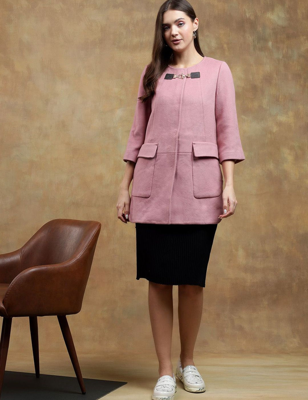 Kotty Women Solid Mandarin Collar Overcoat