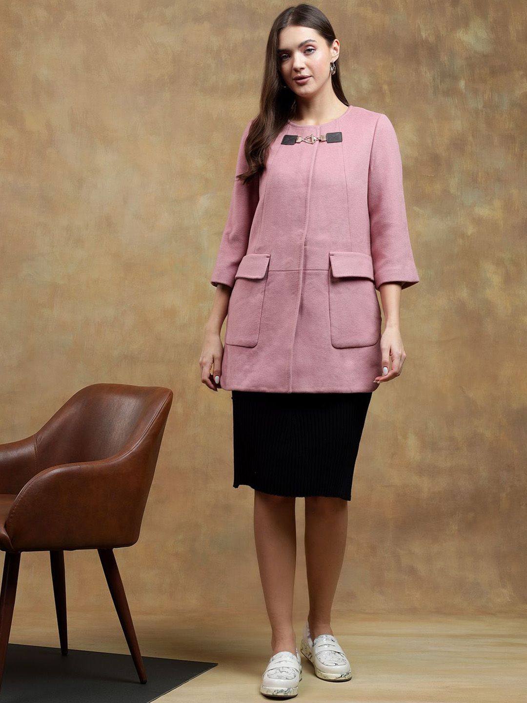 Kotty Women Solid Mandarin Collar Overcoat