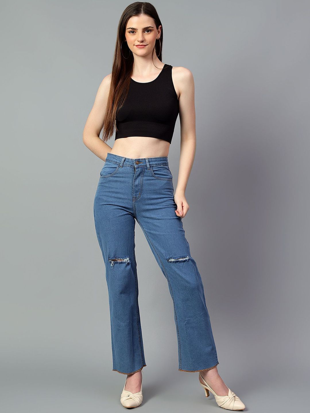 Kotty Women Jean Straight Fit High-Rise Slash Knee Stretchable Jeans