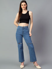 Kotty Women Jean Straight Fit High-Rise Slash Knee Stretchable Jeans