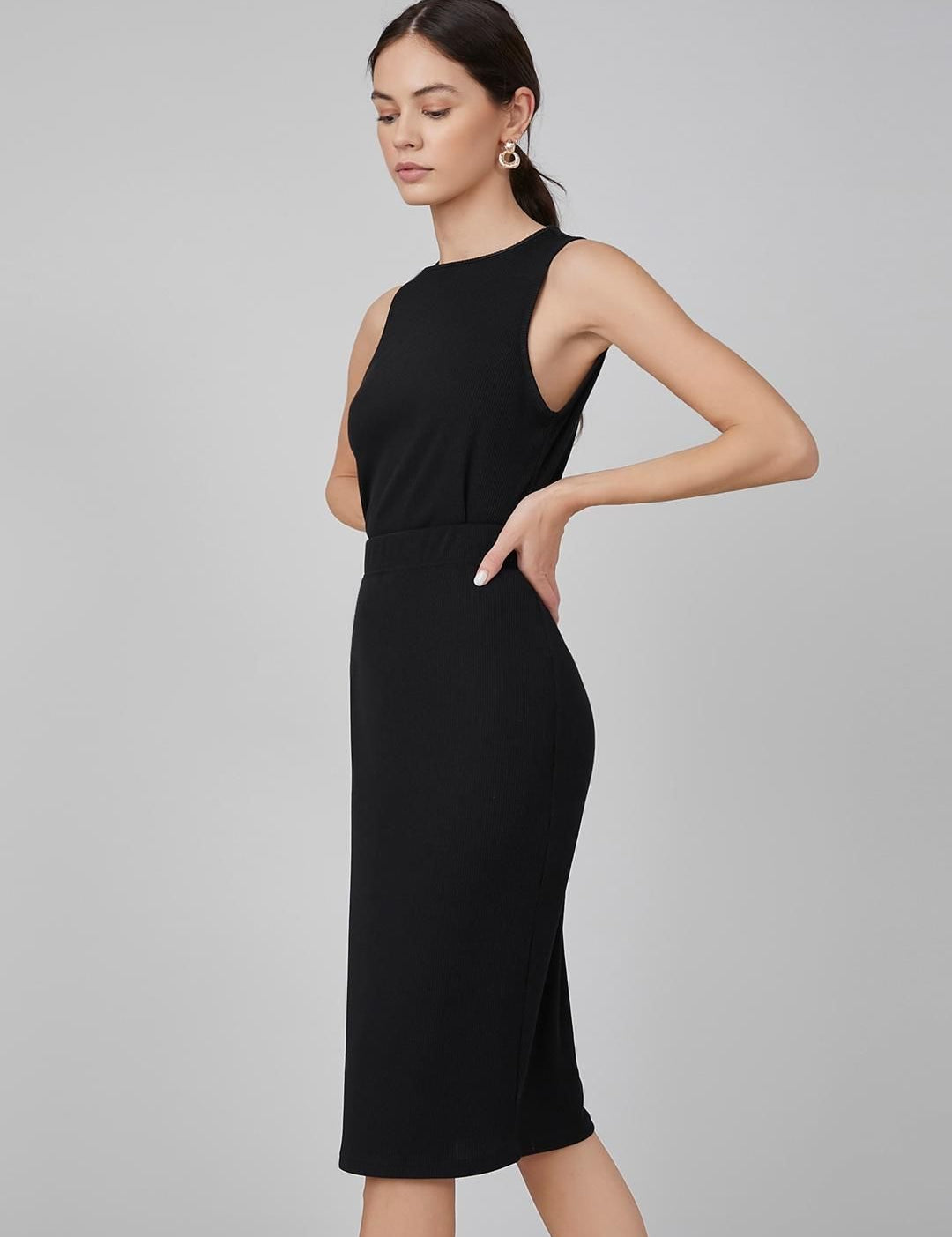 Kotty Black Boat Neck Straight Midi Bodycon Dress