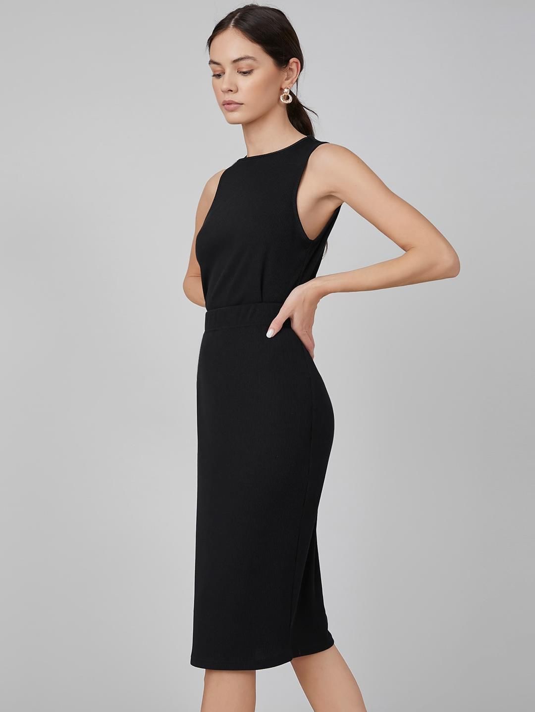 Kotty Black Boat Neck Straight Midi Bodycon Dress