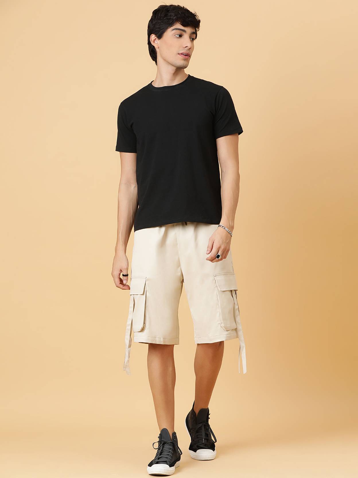 KOTTY  Solid Men Beige Cargo Shorts