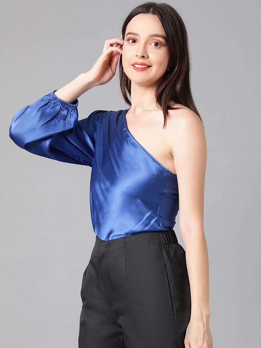 Kotty Women One Shoulder Bishop Sleeves Satin Top