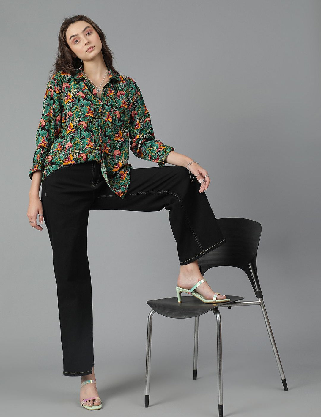 Kotty Women Spread Collar Floral Printed Cotton Oversized Casual Shirt