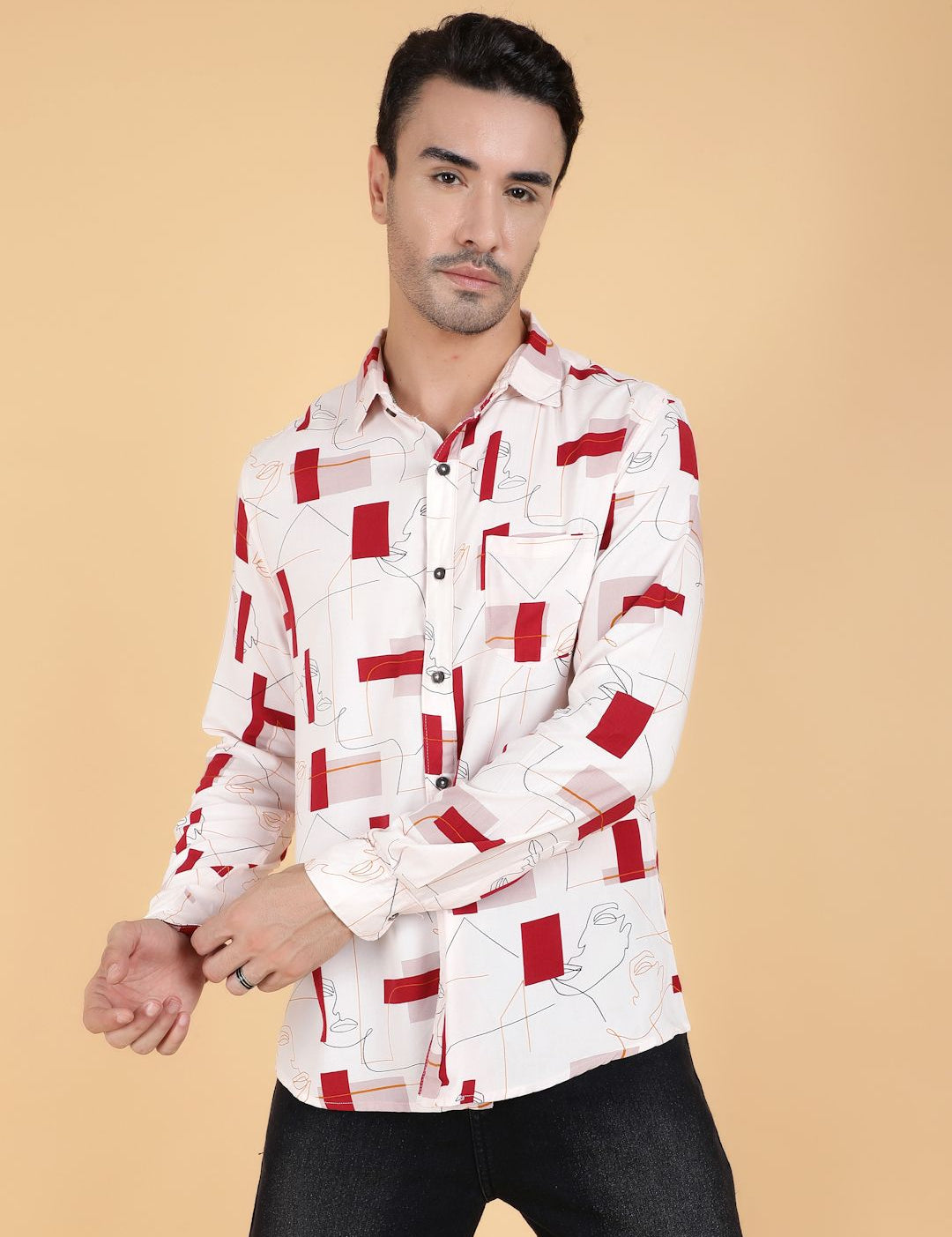Kotty Men Relaxed Spread Collar Graphic Printed Cotton Casual Shirt